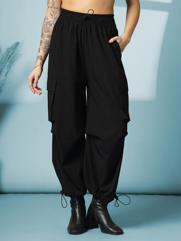 Women's Black Mid Waist Baggy Cargo Parachute Pants