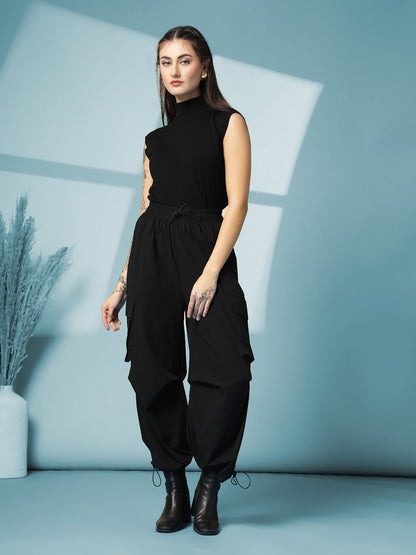 Women's Black Mid Waist Baggy Cargo Parachute Pants