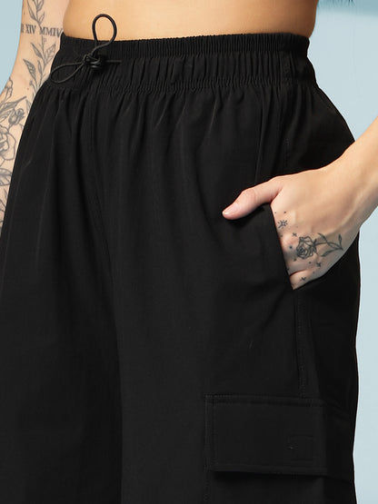 Women's Black Mid Waist Baggy Cargo Parachute Pants