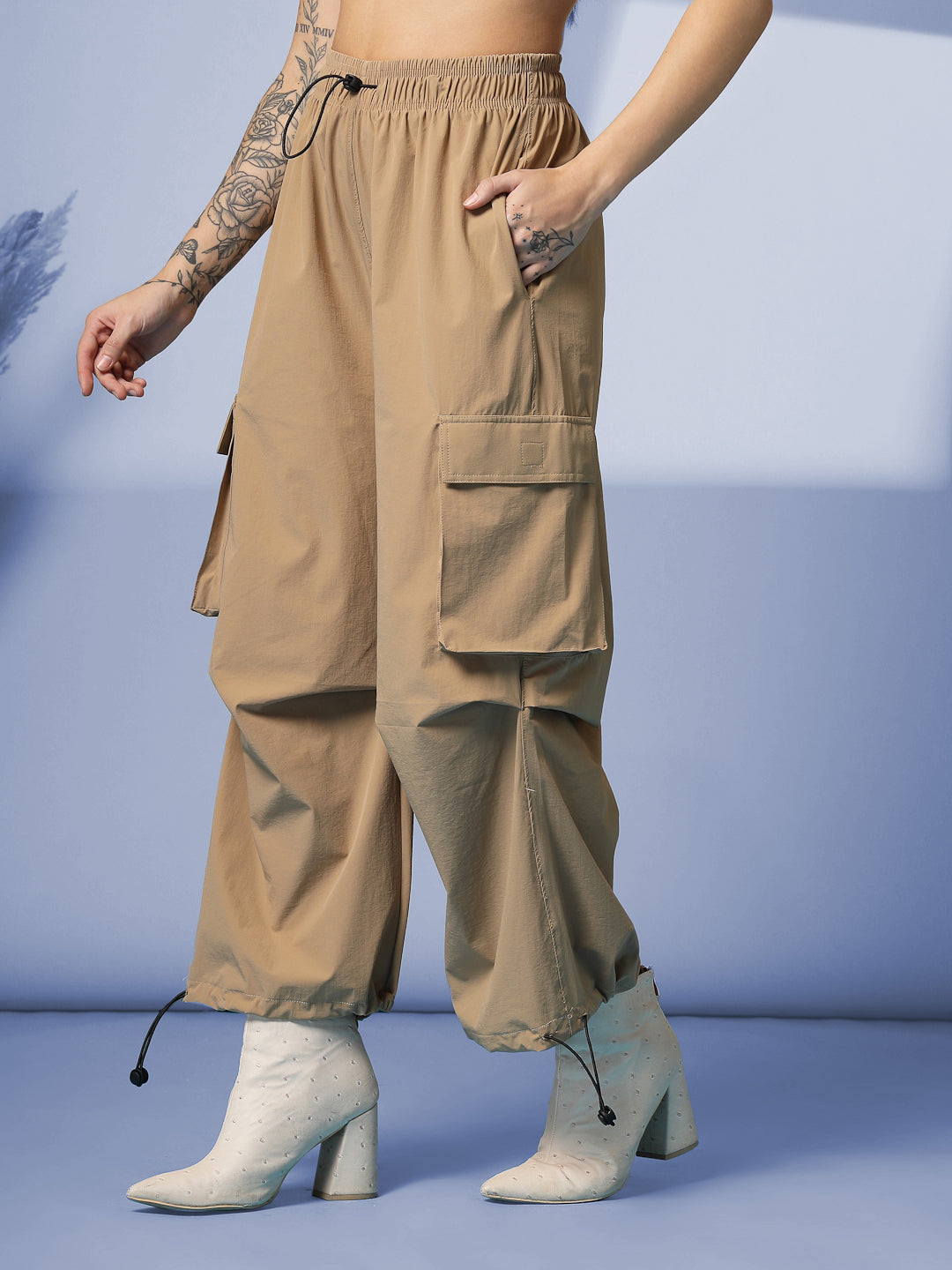 Women's Camel Mid Waist Baggy Cargo Parachute Pants