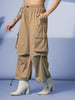 Women's Camel Mid Waist Baggy Cargo Parachute Pants