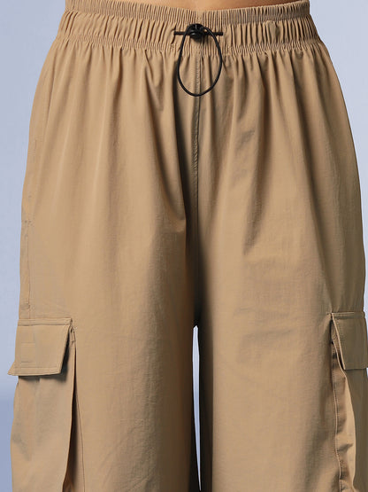 Women's Camel Mid Waist Baggy Cargo Parachute Pants