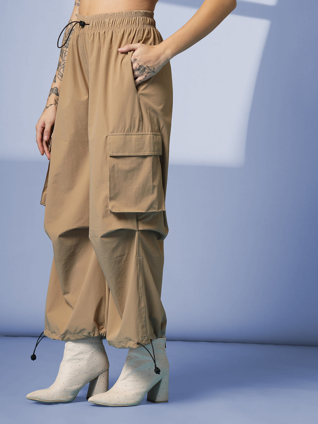 Women's Camel Mid Waist Baggy Cargo Parachute Pants