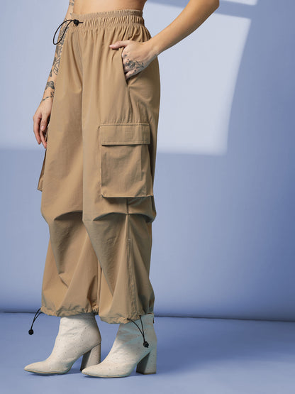 Women's Camel Mid Waist Baggy Cargo Parachute Pants