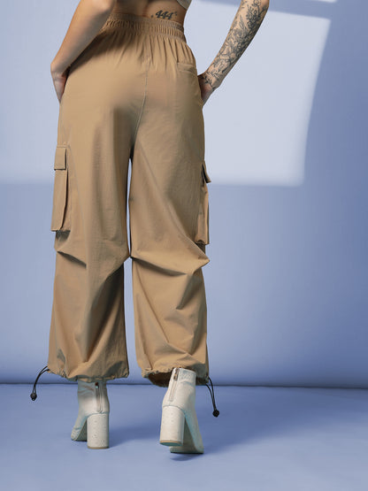 Women's Camel Mid Waist Baggy Cargo Parachute Pants