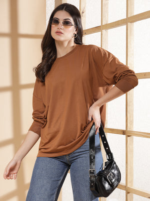 Women Golden Brown Oversized Full Sleeve Round Neck Tshirt