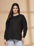 Women Black Oversized Full Sleeve Round Neck Tshirt