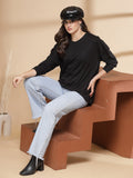 Women Black Oversized Full Sleeve Round Neck Tshirt