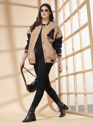 Women Oversized Winter Wear Varsity Jacket with Ribbed Cuffs