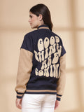 Women Oversized Winter Wear Varsity Jacket with Ribbed Cuffs