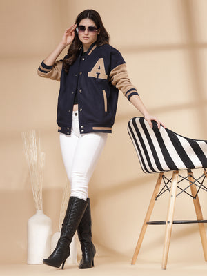 Women Oversized Winter Wear Varsity Jacket with Ribbed Cuffs