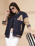 Women Oversized Winter Wear Varsity Jacket with Ribbed Cuffs