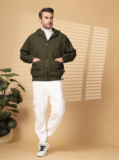 Men Winter Sports Oversized Windcheater Hooded Jacket Olive