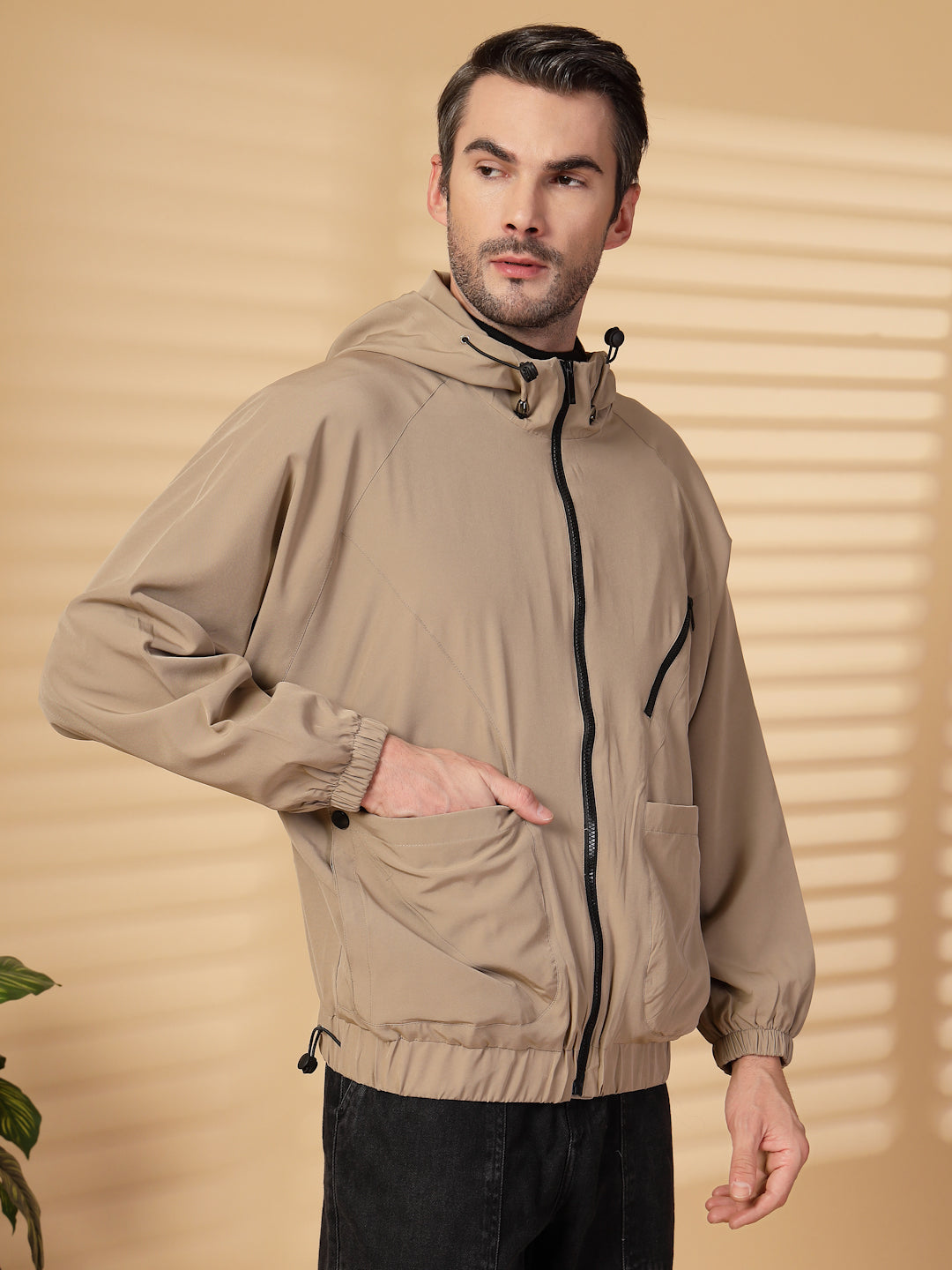 Men Winter Sports Oversized Windcheater Hooded Jacket Khaki