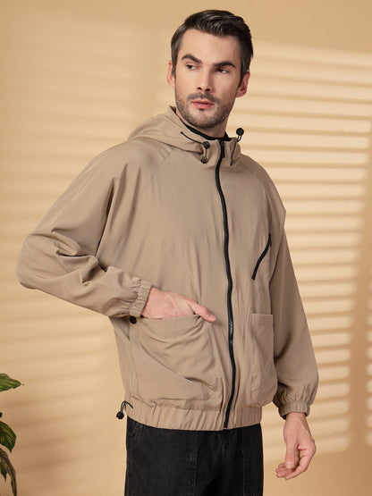 Men Winter Sports Oversized Windcheater Hooded Jacket Khaki