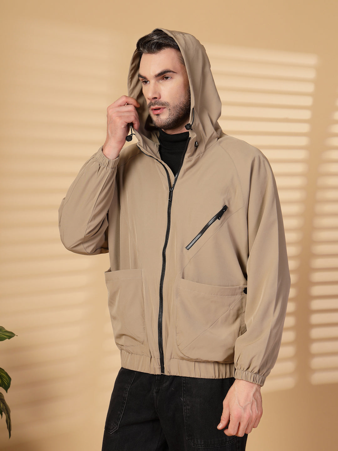 Men Winter Sports Oversized Windcheater Hooded Jacket Khaki