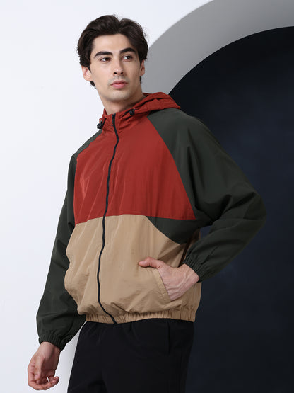 Men Rust Beige Olive Hooded Windcheater Oversized Sports Jacket