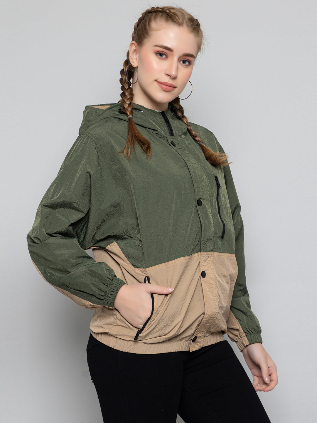 Women Colourblocked Hooded Windcheater Oversized Sports Jacket