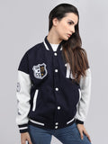 Women Oversized Winter Wear Varsity Jacket with Ribbed Cuffs