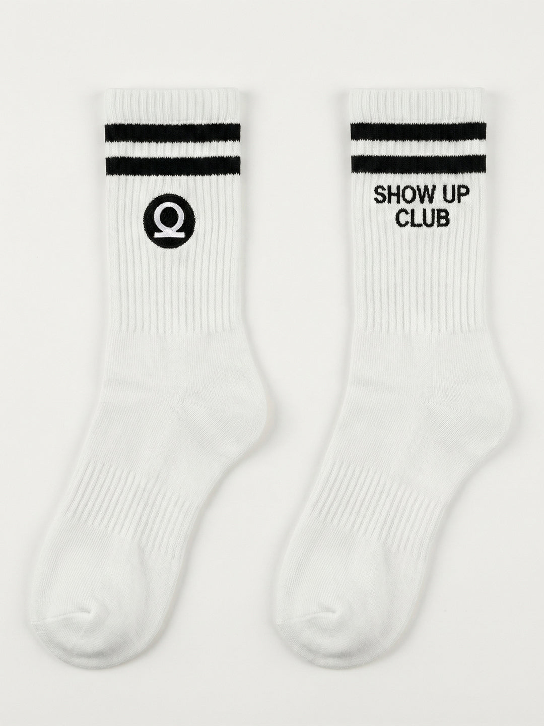 CHKOKKO Show Up Club Crew Socks – White with Black Stripes