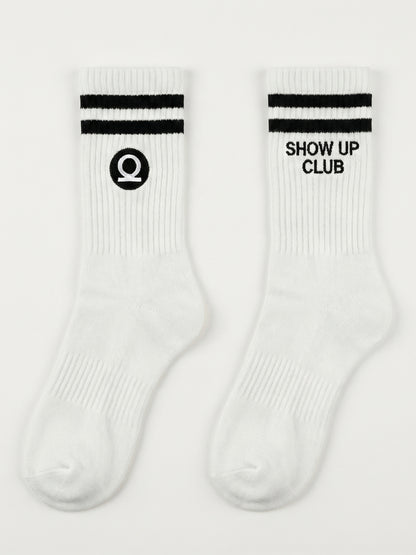 CHKOKKO Show Up Club Crew Socks – White with Black Stripes