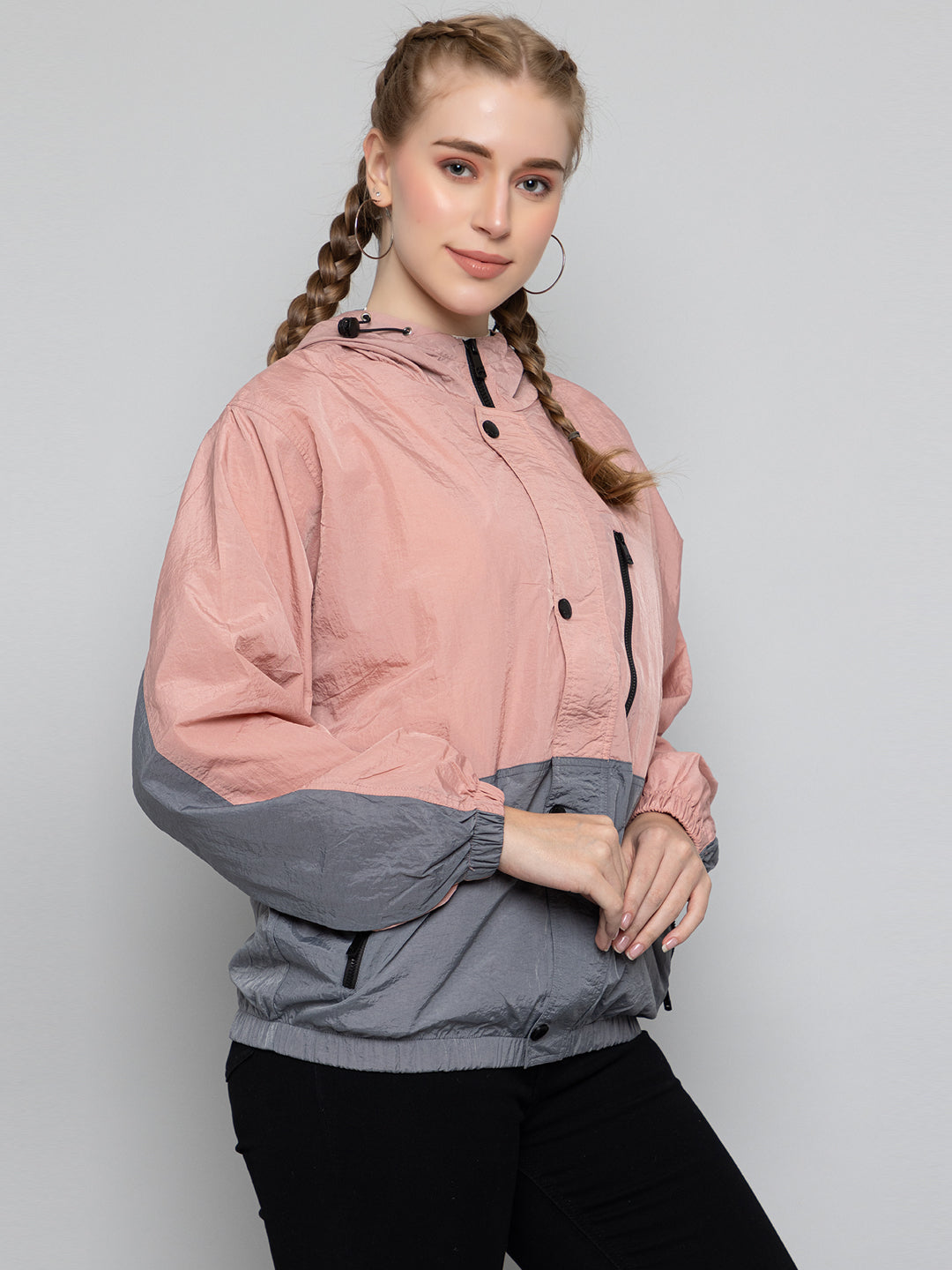 Women Colourblocked Hooded Windcheater Oversized Sports Jacket