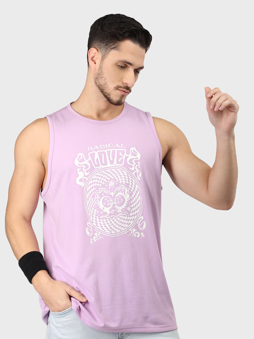Men Lavender Printed Gym Tank Tops Sports Sleeveless Vest