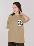 Women Oversized Round Neck Drop Shoulder Printed Cotton T-Shirt