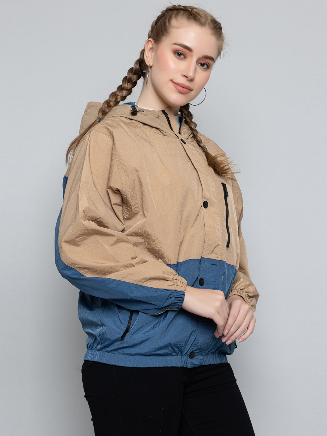 Women Colourblocked Hooded Windcheater Oversized Sports Jacket