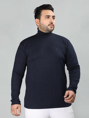 Men Navy Blue Winter Wear Cotton High Neck Regular Fit T Shirt