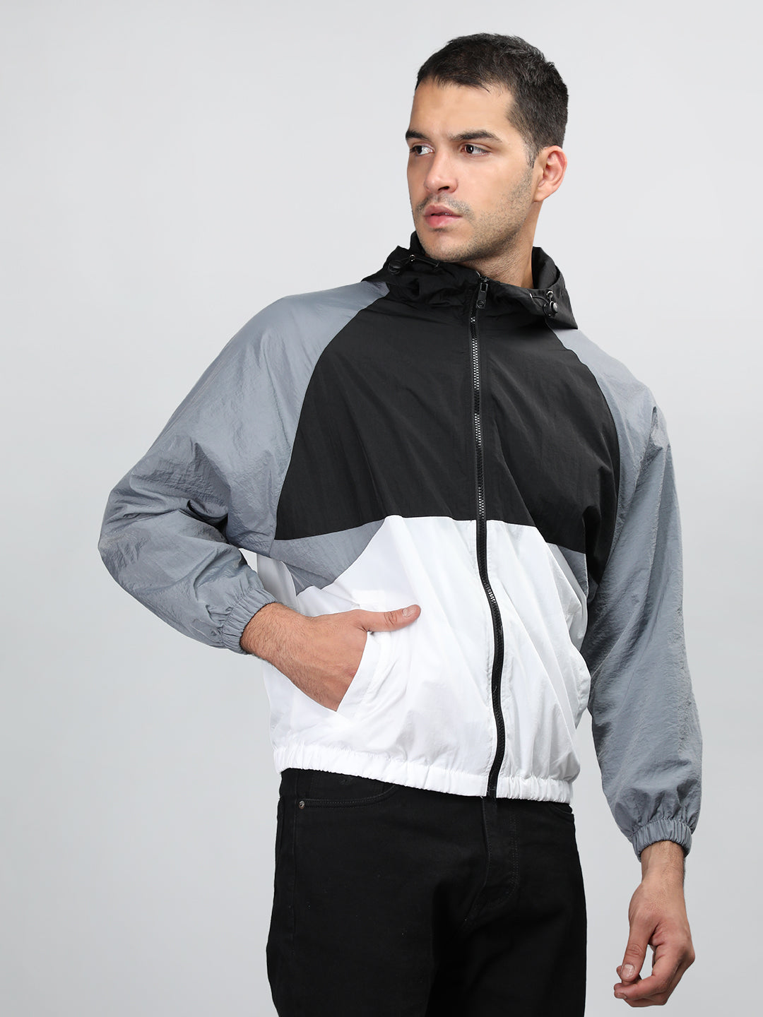 Men Black White Hooded Windcheater Oversized Sports Jacket