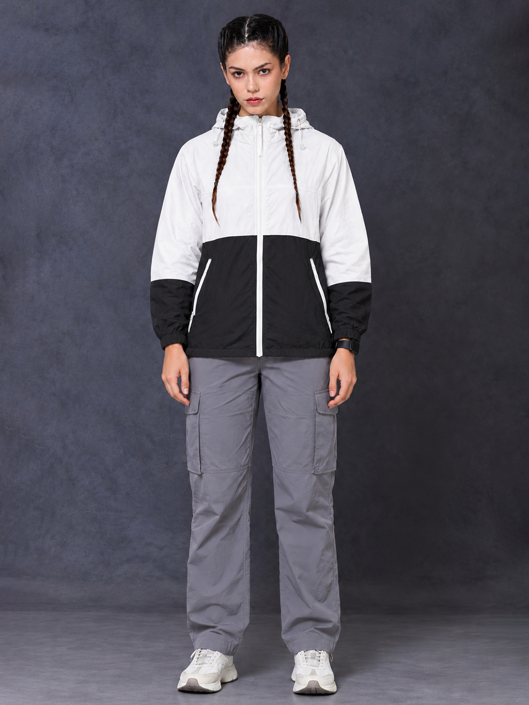 Women’s White Black Lightweight Hooded Windcheater Jacket