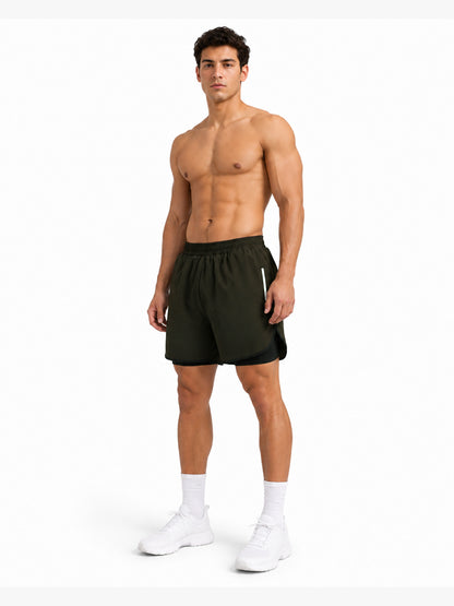 Men Double Layered Sports Running Shorts Olive Black
