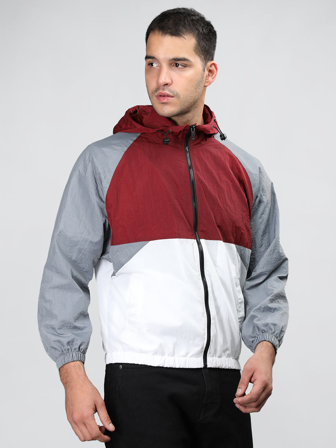 Men Colourblocked Hooded Windcheater Oversized Sports Jacket