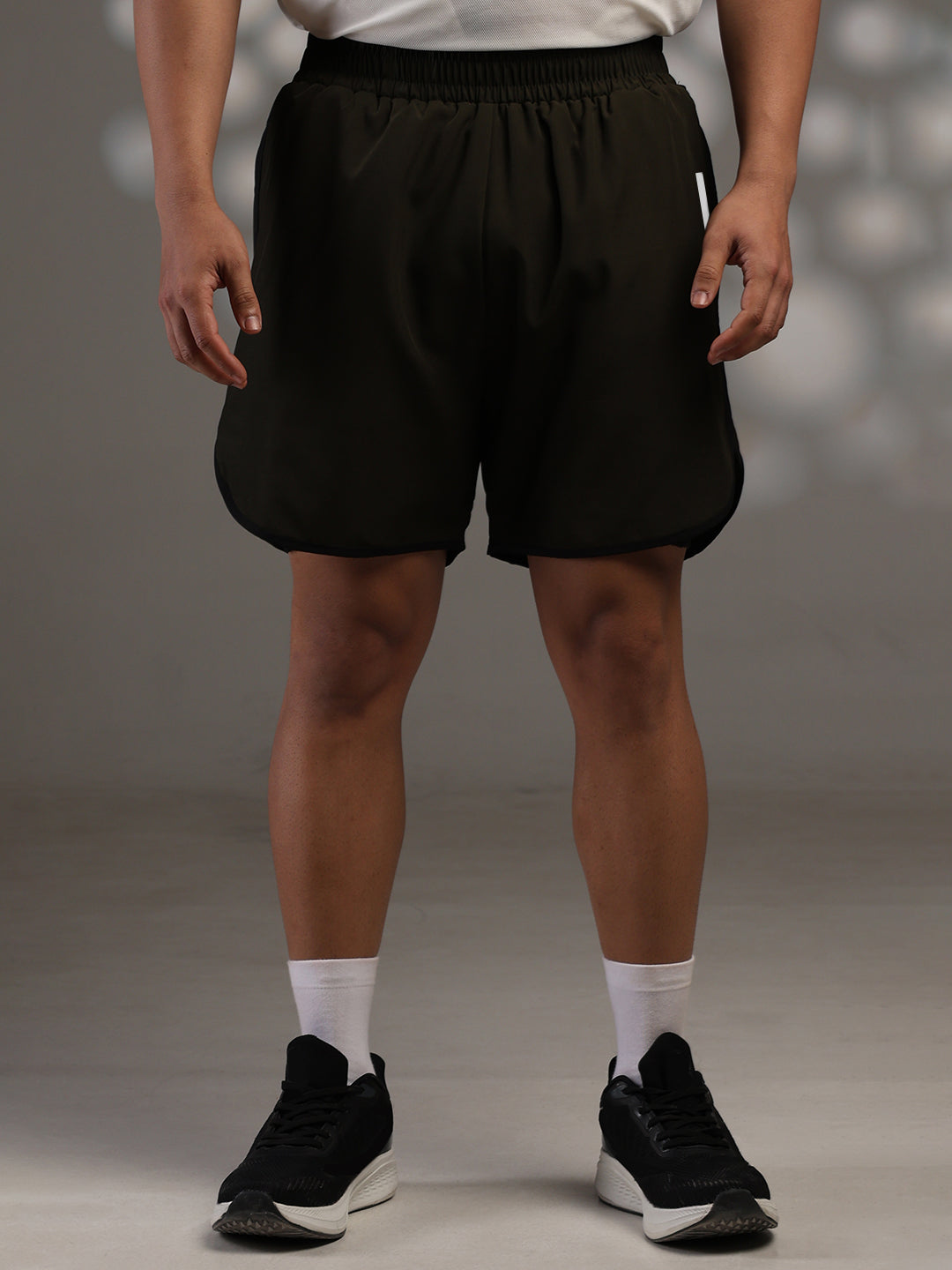 Men Double Layered Sports Running Shorts Olive Black