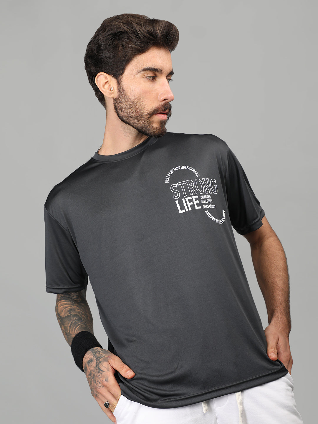 Men's Round Neck Gym Sports Dark Grey