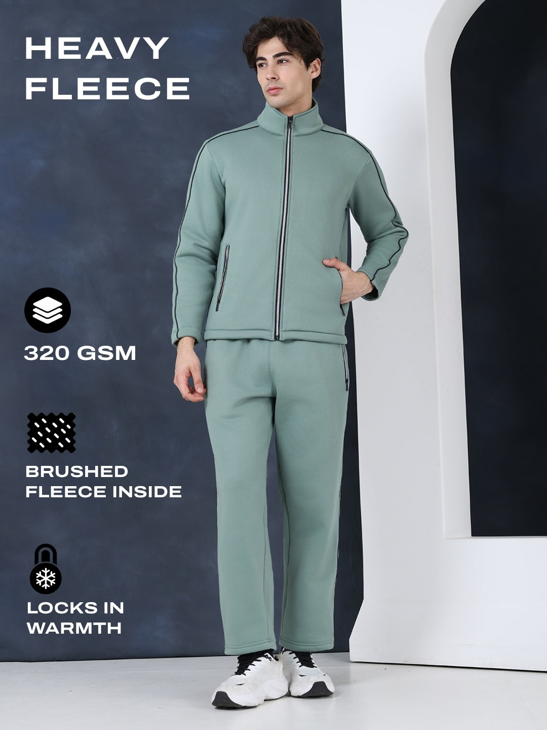 Men's Green Navy Heavy Fleece Winter Tracksuit