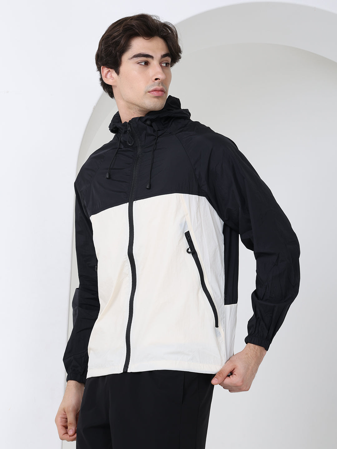 Men’s Black white Lightweight Hooded Windcheater Jacket
