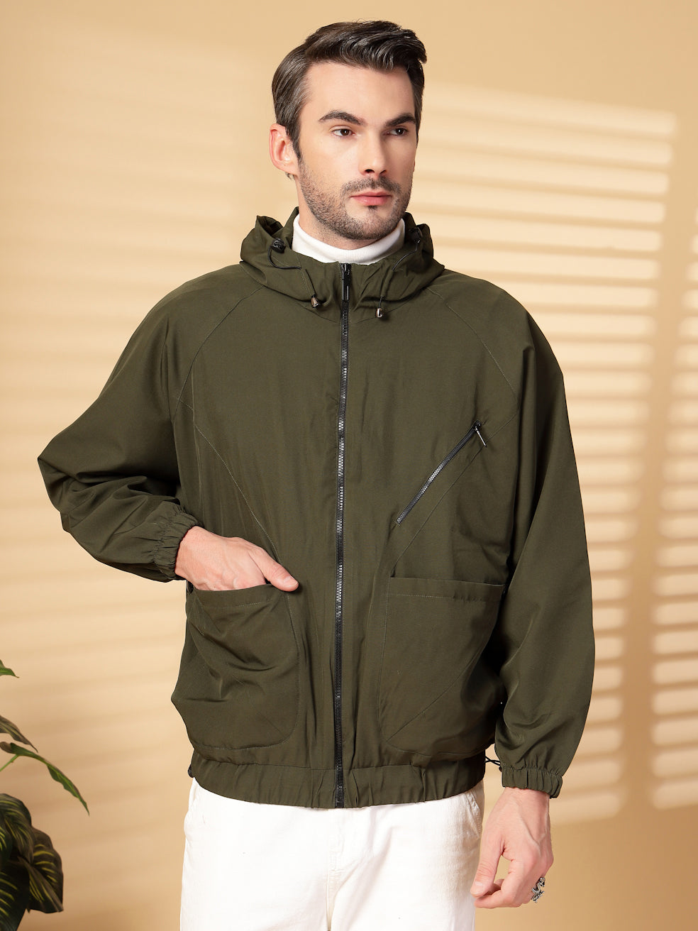 Men Winter Sports Oversized Windcheater Hooded Jacket Olive