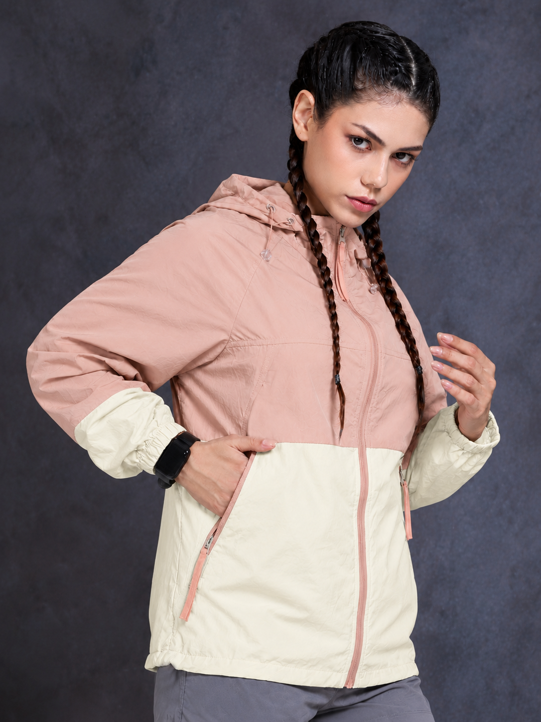 Women’s Peach Cream Lightweight Hooded Windcheater Jacket