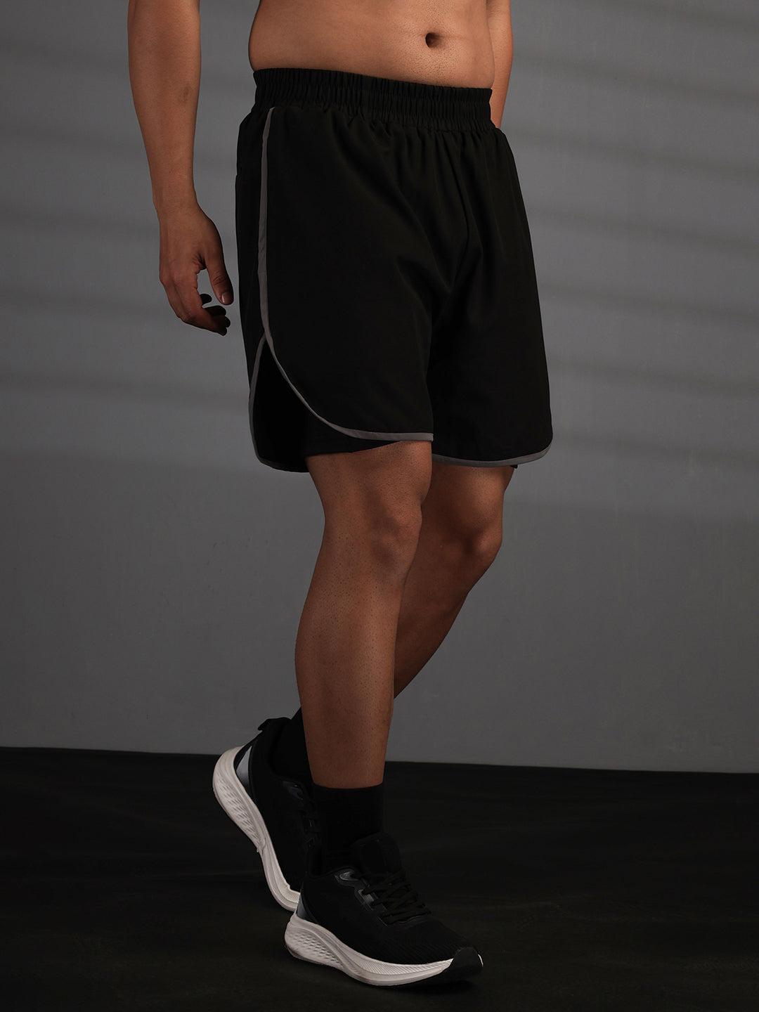 Men Double Layered Sports Running Shorts Black Grey