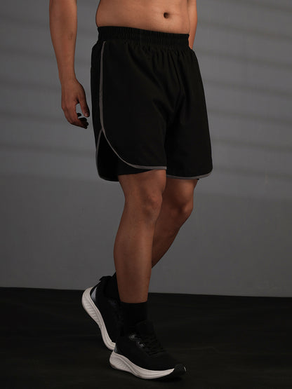 Men Double Layered Sports Running Shorts Black Grey