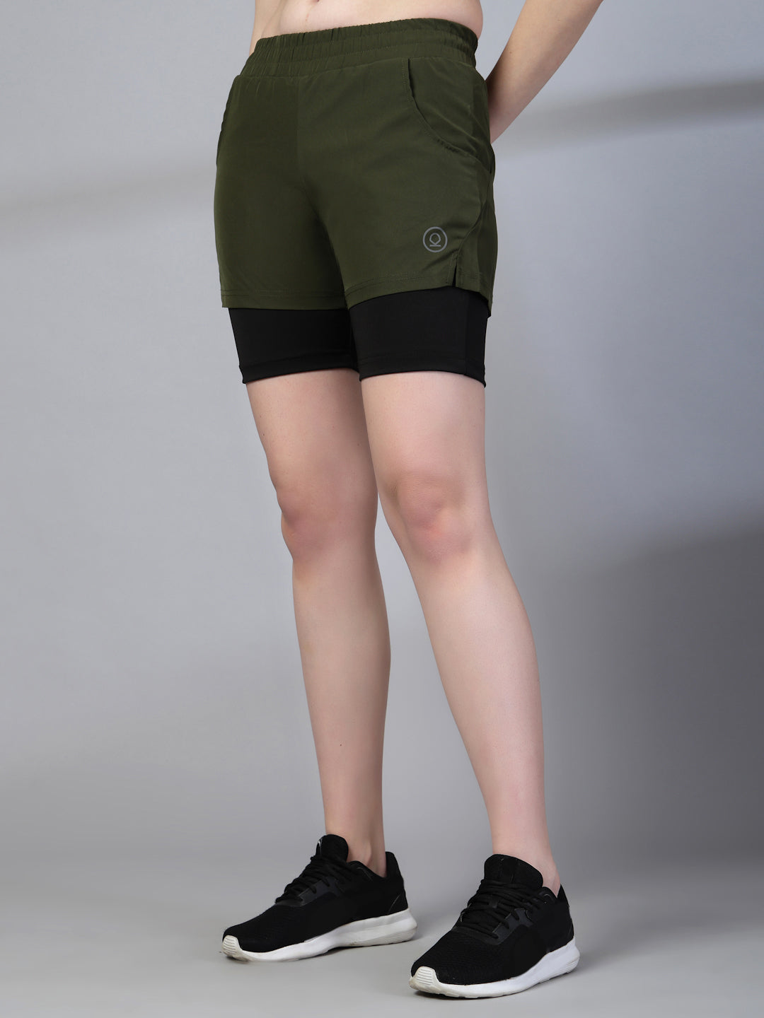 Women's Double Layered Sports Running Shorts Olive Black