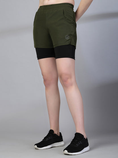 Women's Double Layered Sports Running Shorts Olive Black