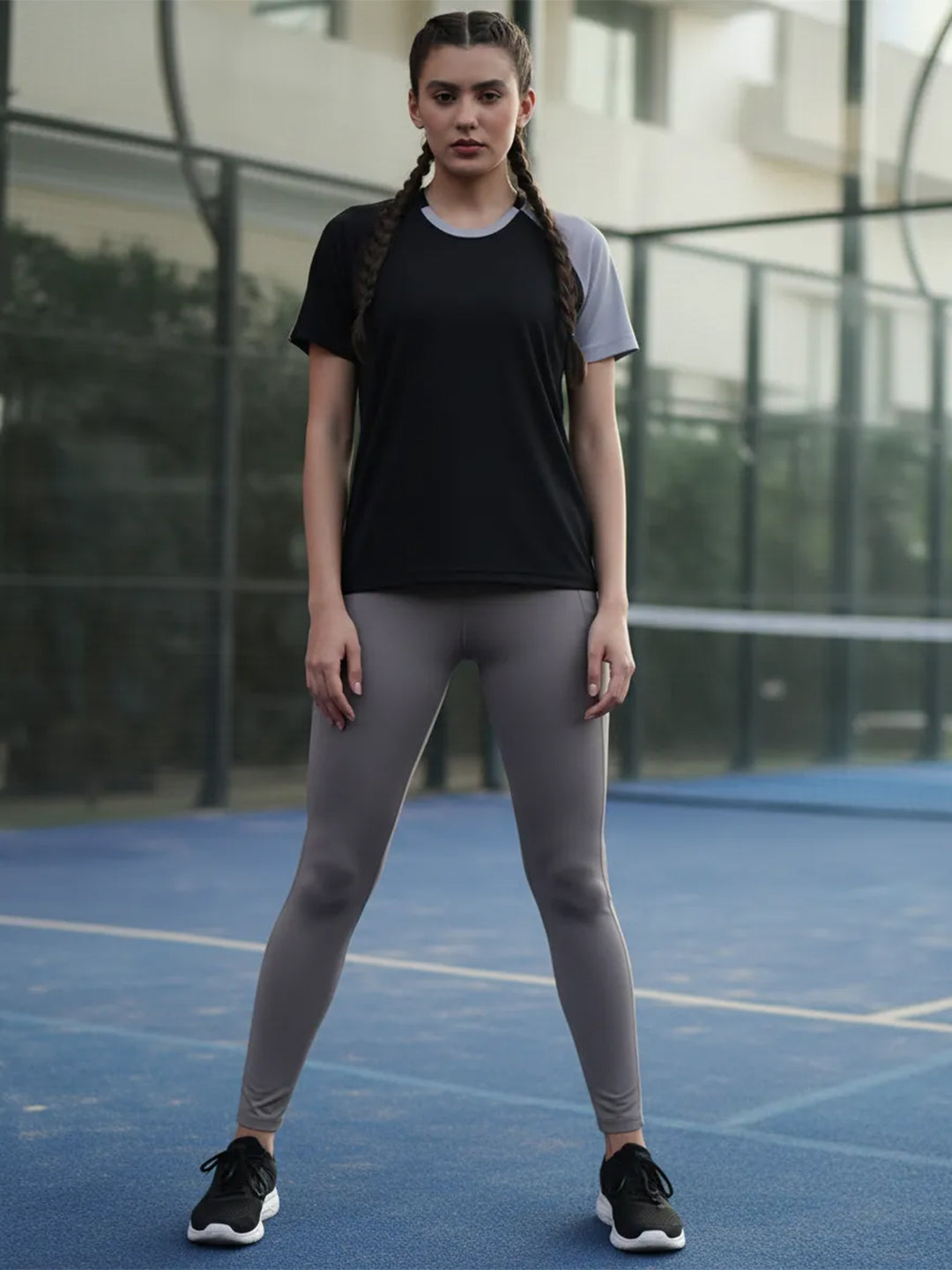 Women's Half Sleeves Sports Gym T-shirt Grey Black