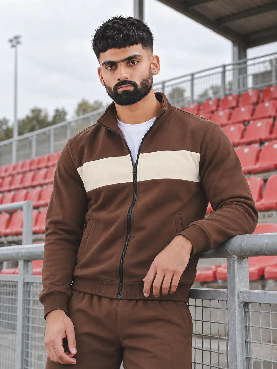 Brown White Heavy Fleece Winter Tracksuit Men