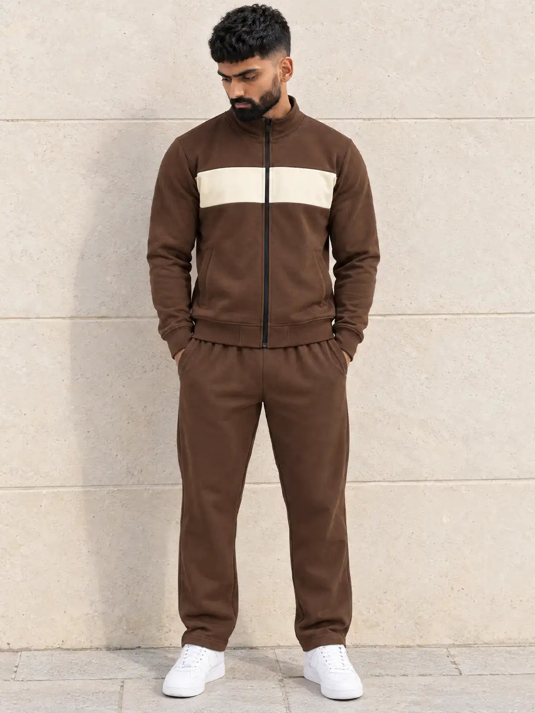 Brown White Heavy Fleece Winter Tracksuit Men