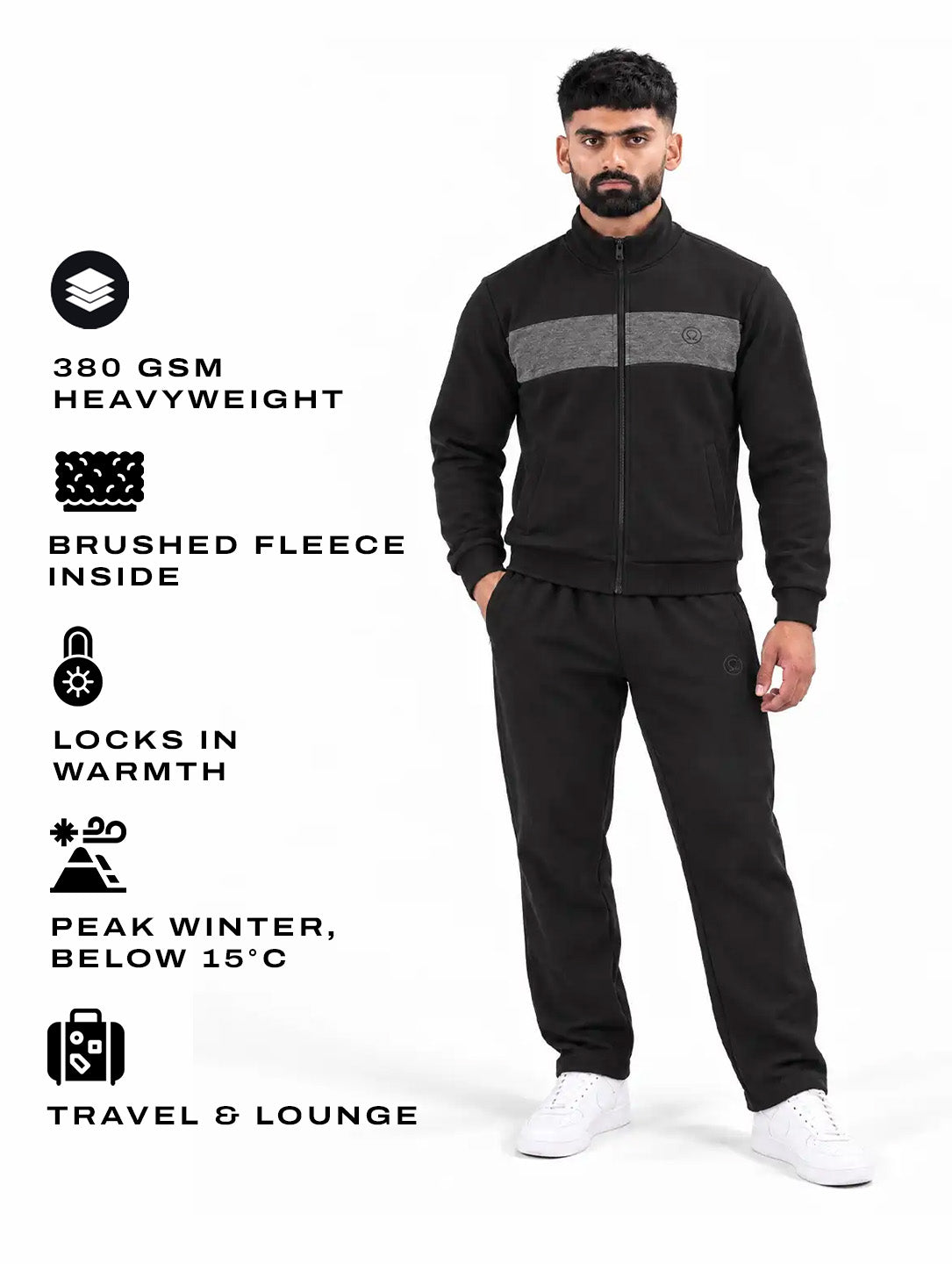 Black Grey Heavy Fleece Winter Tracksuit Men