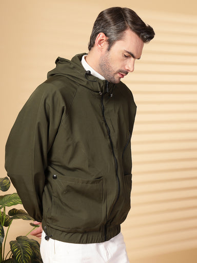 Men Winter Sports Oversized Windcheater Hooded Jacket Olive