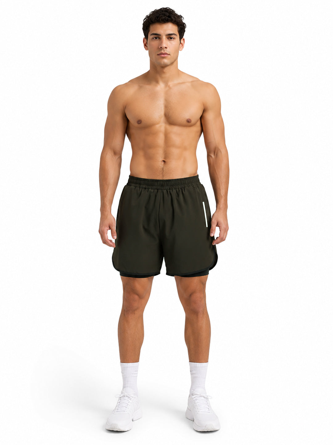 Men Double Layered Sports Running Shorts Olive Black